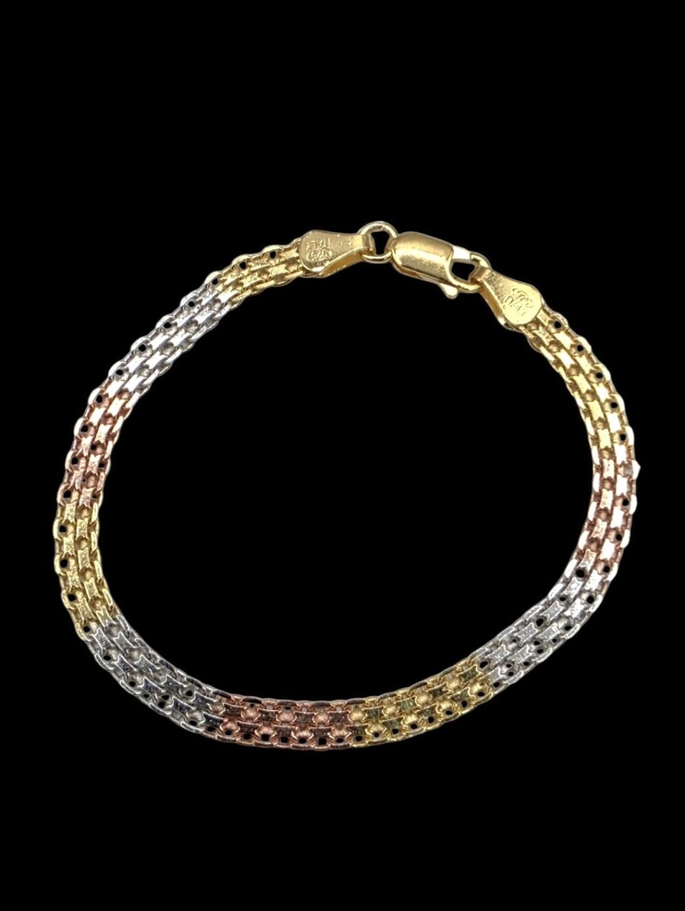 Italian Tri-Color 14K Gold Over Solid 925 Silver Bismark Chain Bracelet 6.5"